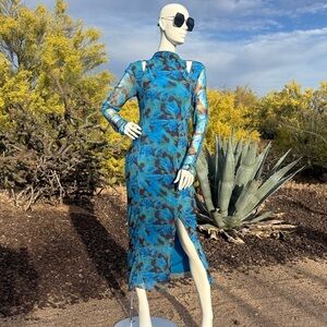 Top shop Blue Floral Sheer Long Sleeve mesh Midi Dress